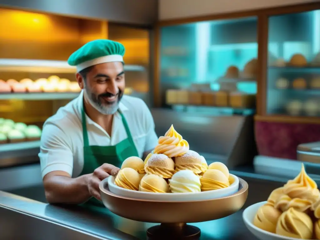 Un maestro gelatero en una tienda tradicional de gelato en Italia, creando una obra de arte helada