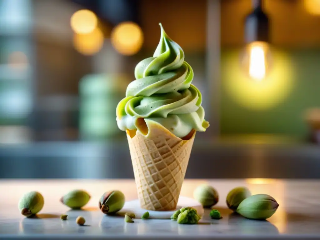 Un maestro del gelato experto en Consejos para Gelato Bar Auténtico crea con destreza un cono de pistacho cremoso