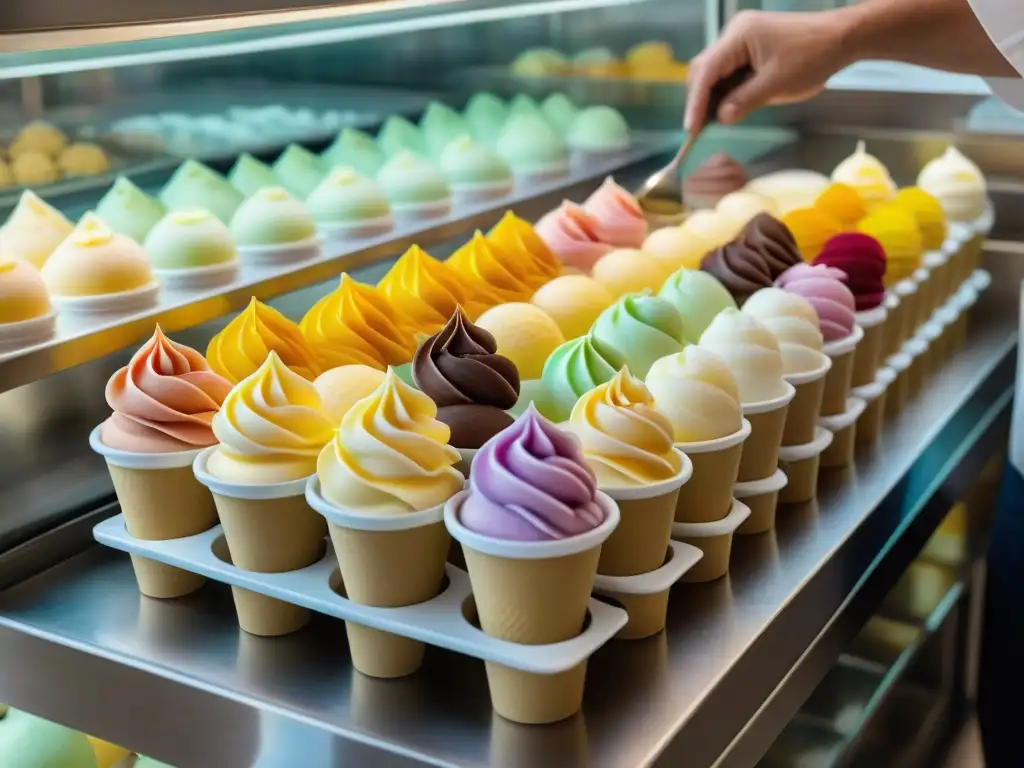 Un maestro del gelato en una heladería tradicional de Italia creando una flor de gelato con colores vibrantes