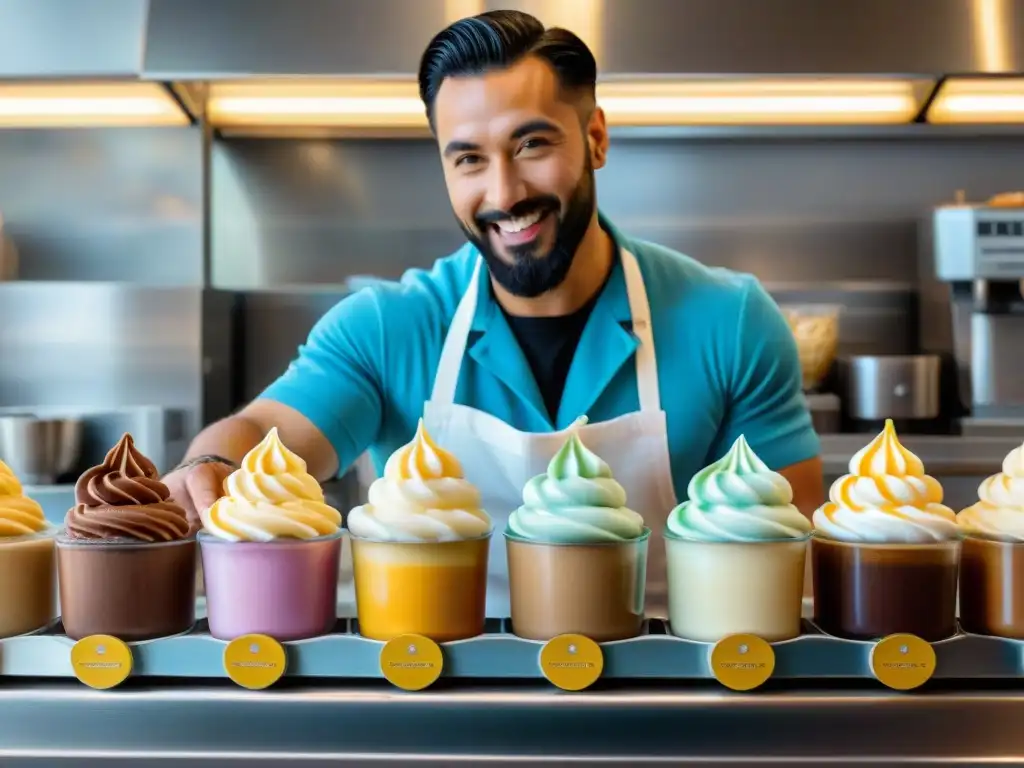 Un maestro de gelato italiano elabora con pasión y destreza una receta auténtica de gelato café en una bulliciosa heladería