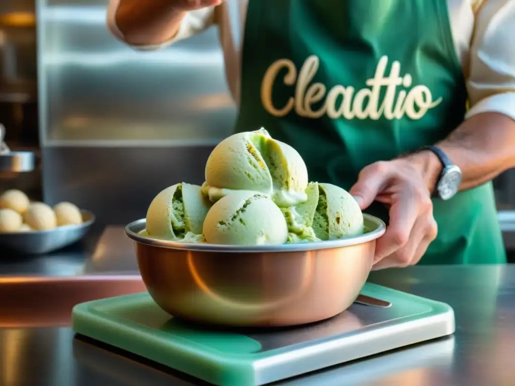 Maestro del gelato italiano moldea con destreza una bola de pistacho en gelatería vintage