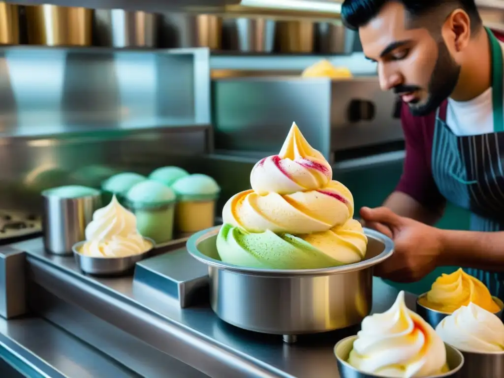 Maestro del gelato italiano elaborando a mano cremoso helado en tradicional gelatería, diferencias entre gelato italiano