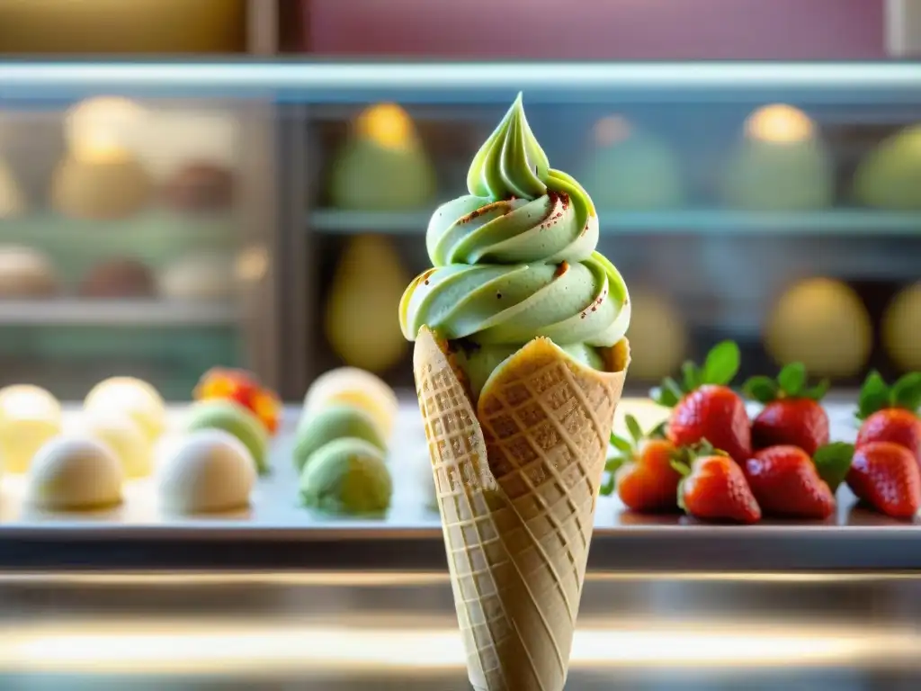 Maestro del gelato italiano esculpiendo una obra maestra de pistacho en cono dorado