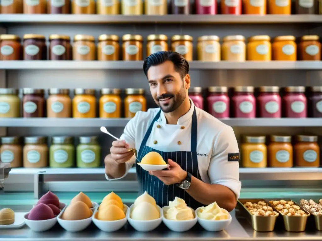 Maestro del gelato italiano elaborando sabores sofisticados en la tradicional heladería italiana