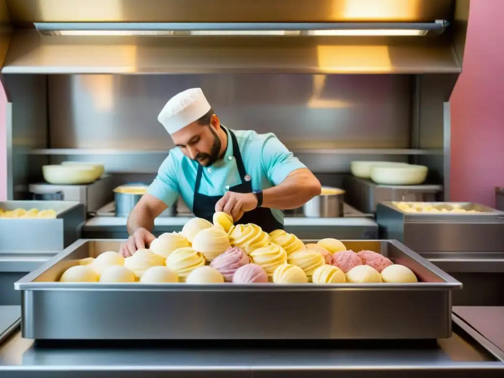 Maestro del gelato italiano creando sabores artesanales en gelatería tradicional