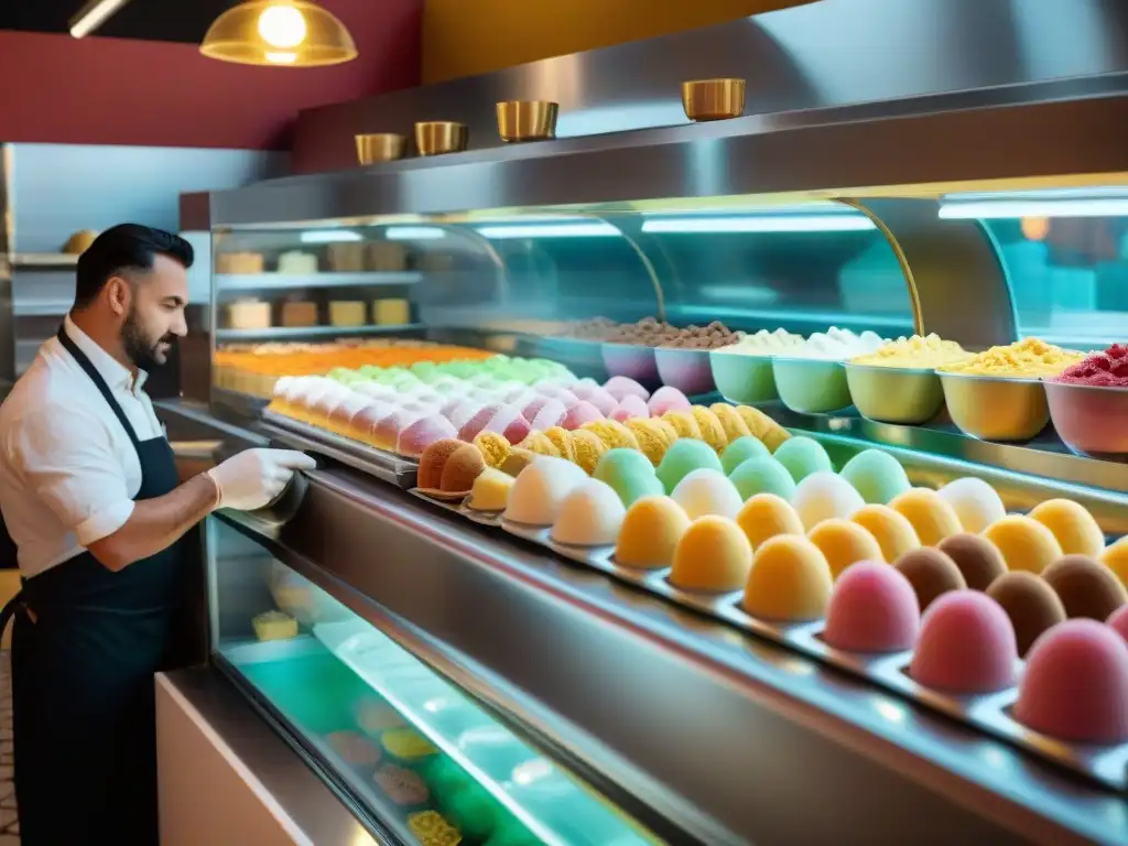 Un maestro del gelato italiano crea sabores sofisticados en una bulliciosa heladería, tradición y arte en cada detalle