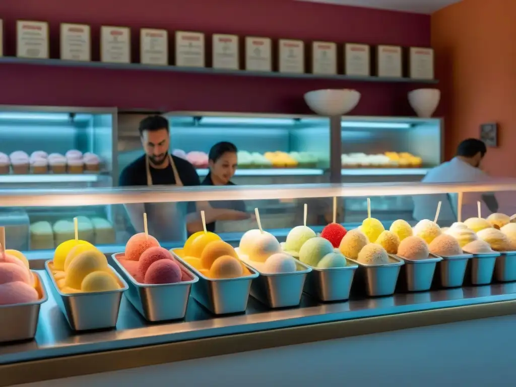 Un maestro del gelato crea una obra de arte en una concurrida gelatería de Roma, Italia