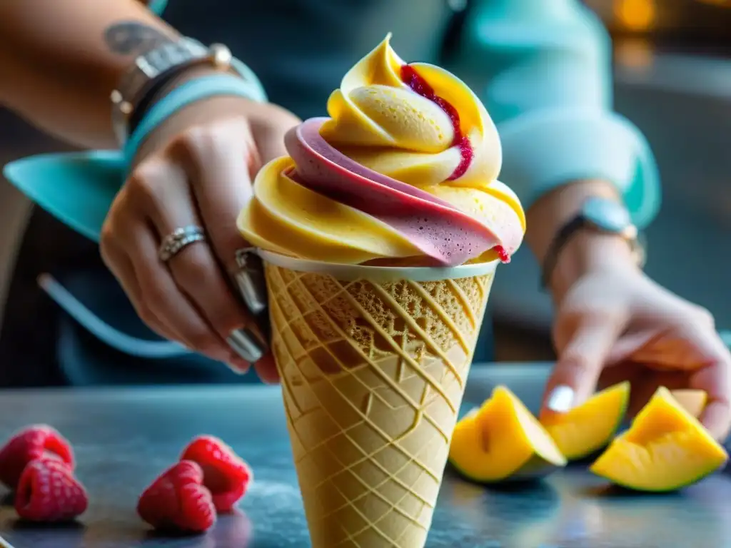 Un maestro del gelato creando una obra de arte con mango y frambuesa