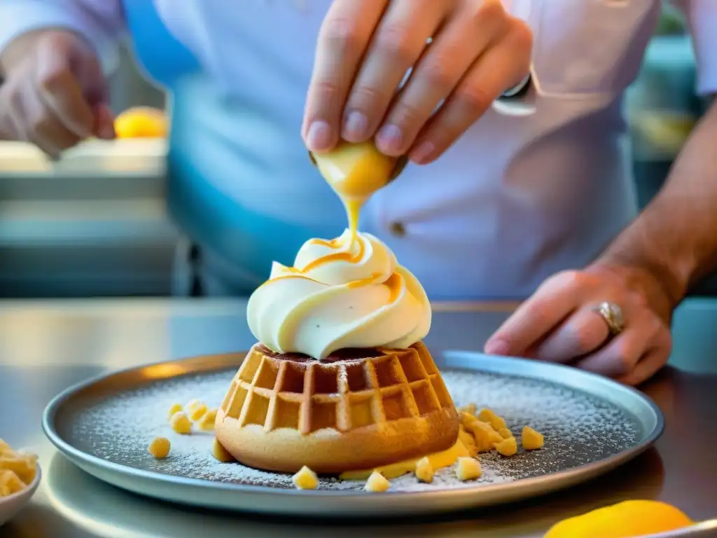 Un maestro del gelato creando una obra de arte helada en cono de waffle