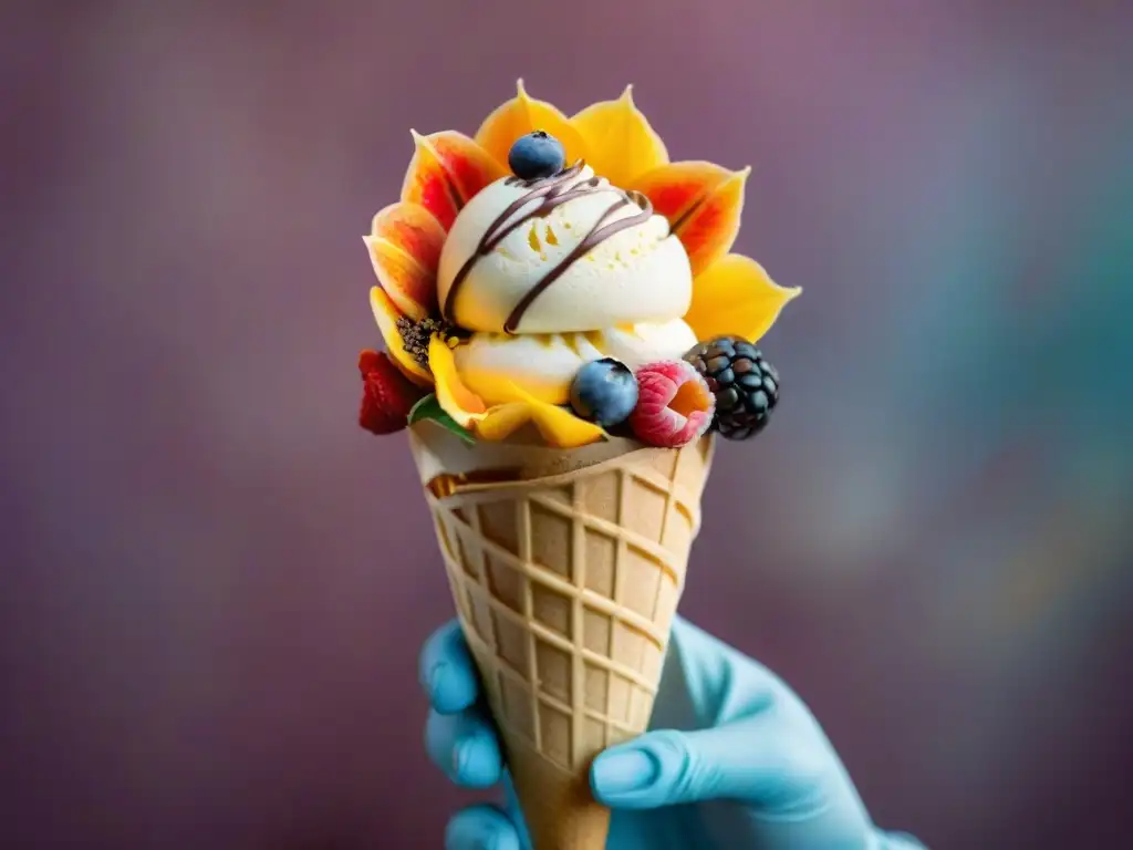 Un maestro del gelato crea una obra de arte con precisión y creatividad, transformando postres en delicias visuales