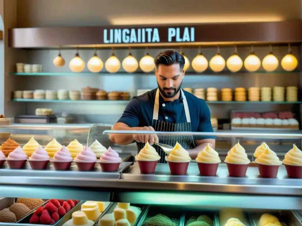 Un maestro del gelato elabora con pasión un delicioso helado en una bulliciosa gelatería italiana en Roma