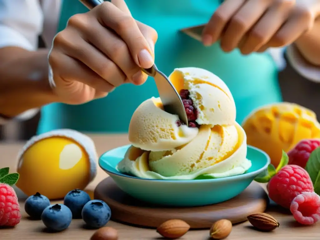 Un maestro heladero en Italia elaborando arte con frutas frescas, diferencias entre gelato y helado