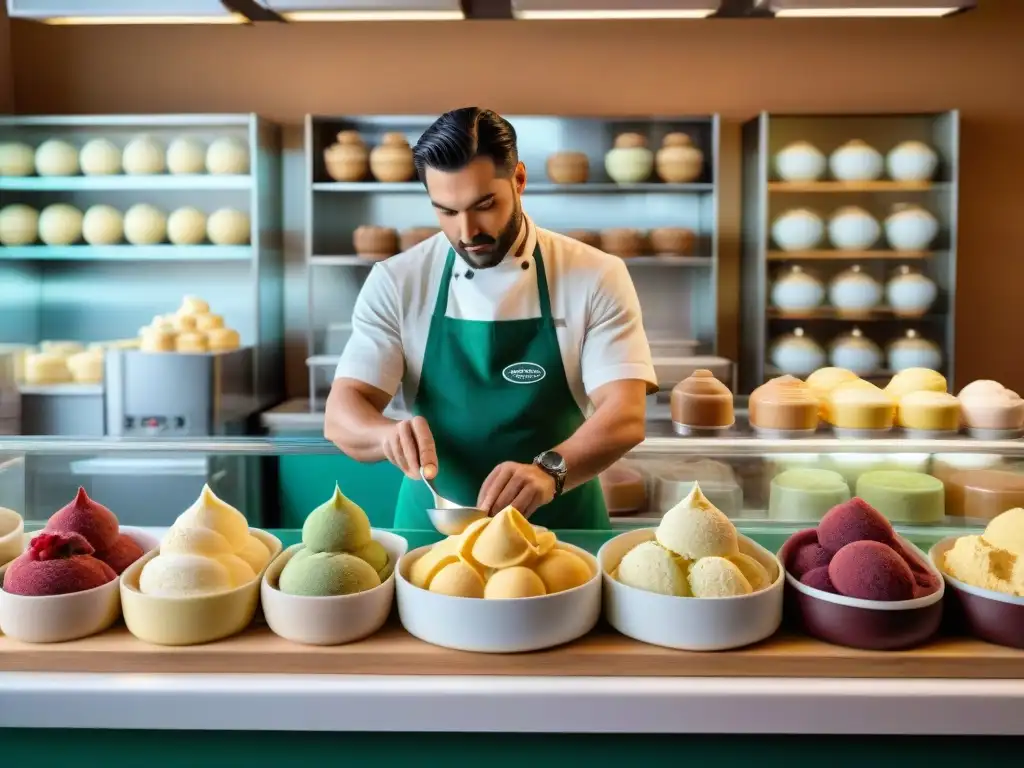 Un maestro heladero artesanal italiano creando el mejor helado artesanal italiano en una gelatería tradicional