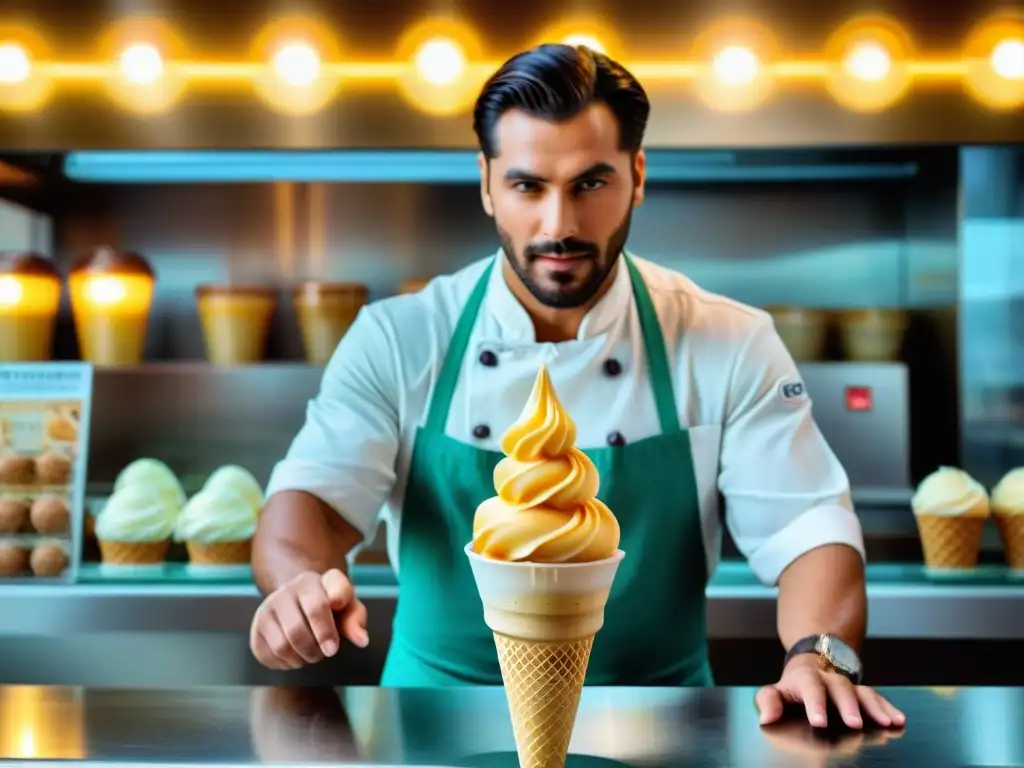 Un maestro heladero en una auténtica heladería italiana creando gelato perfecto