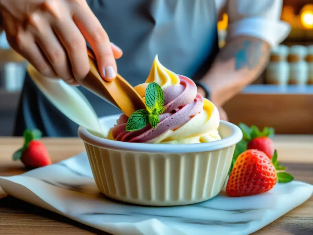 Un maestro heladero prepara con maestría un cono de gelato artesanal en un bar rústico