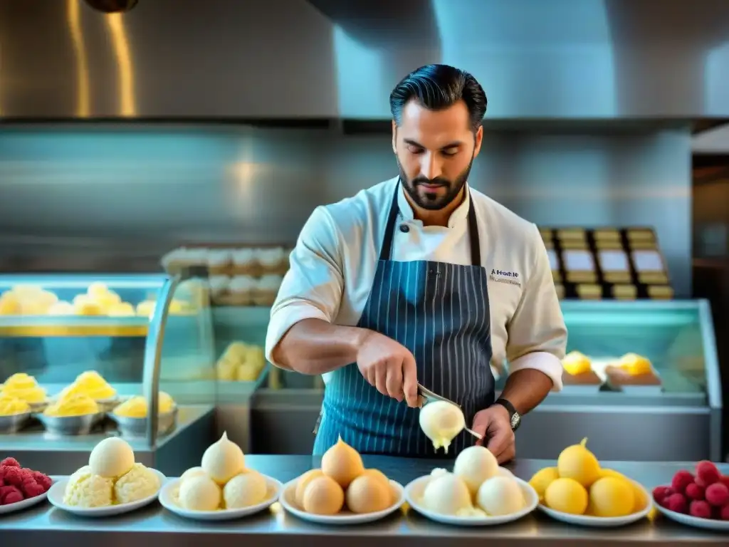 Un maestro heladero elaborando un delicioso gelato con frutas frescas, en una gelatería italiana