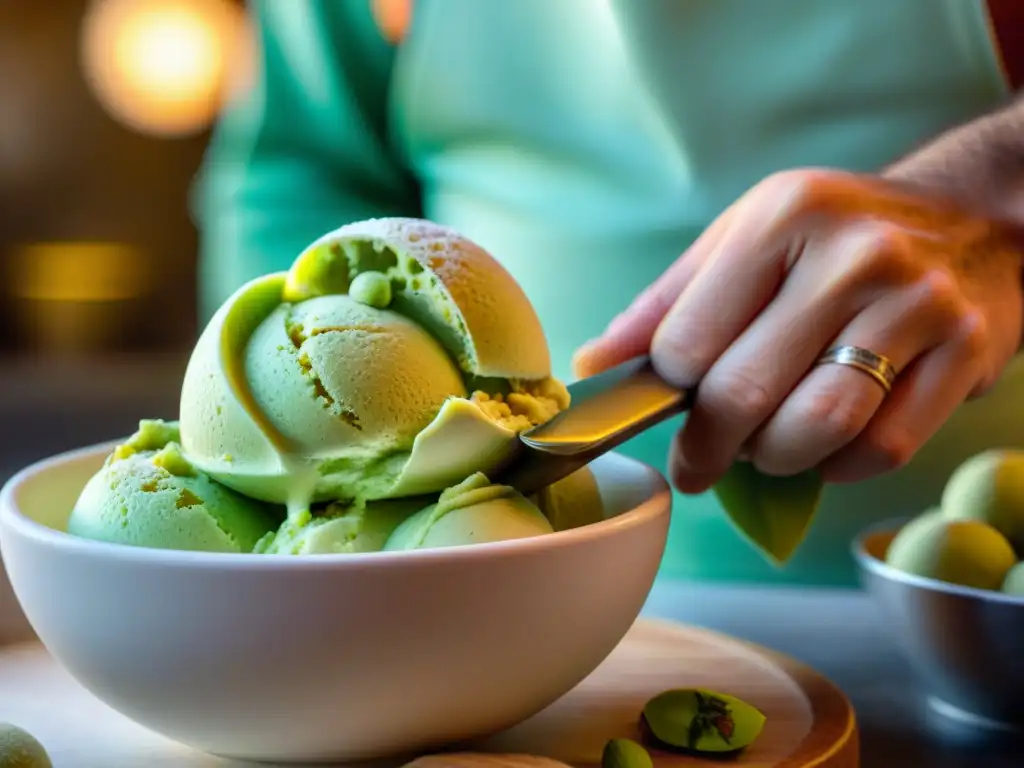 Un maestro heladero creando con destreza un exquisito helado de pistacho, resaltando la evolución del Gelato italiano