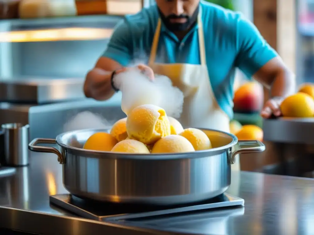 Un maestro heladero mezcla con destreza gelato de mango en una elegante tienda, creando los mejores sabores de gelato verano