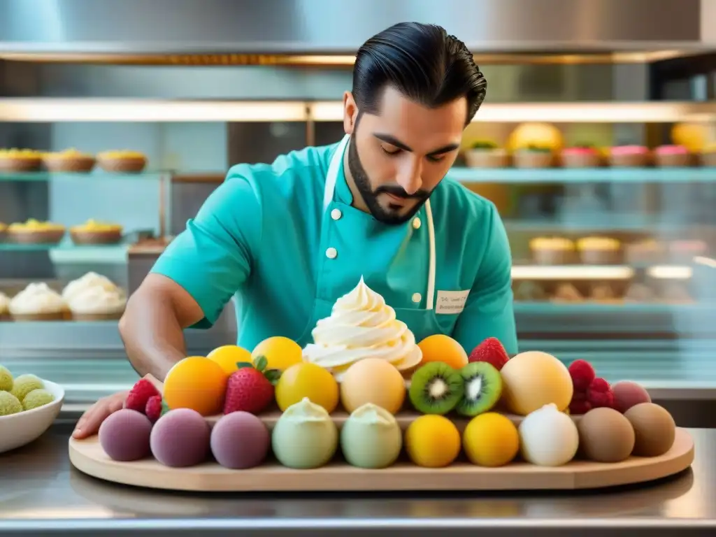 Un maestro heladero crea con destreza un gelato vibrante en una tradicional gelatería italiana