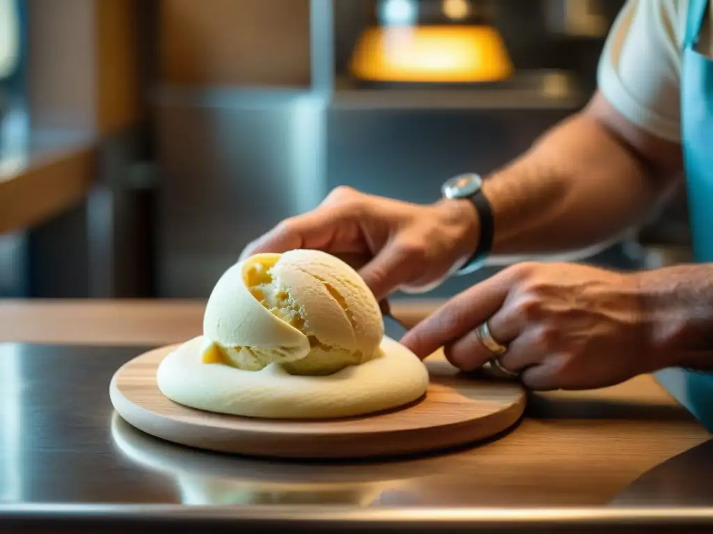 Un maestro heladero elabora con destreza una receta tradicional de gelato italiano en una gelatería, evocando artesanía y herencia