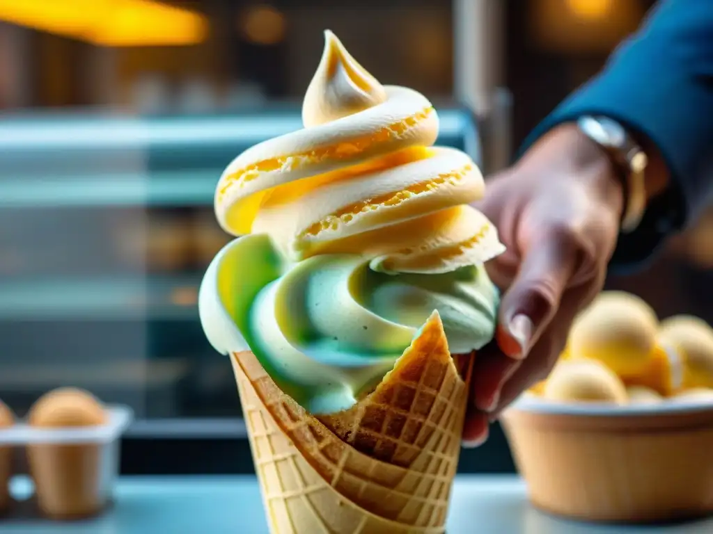 El maestro heladero experto en gelato italiano elabora una receta casera auténtica con manos detalladas