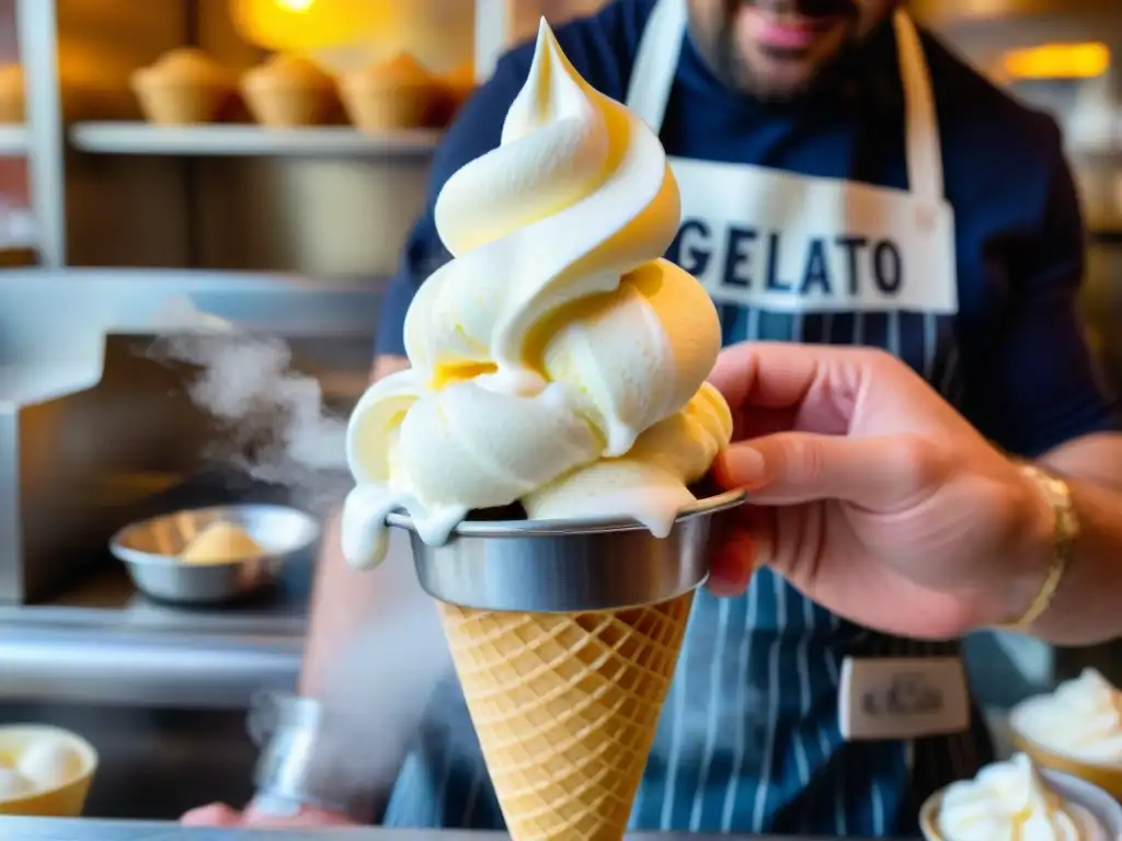 Un maestro heladero experto sirviendo Fior di latte helado leche en un cono italiano, con vapor frío, en una animada gelatería