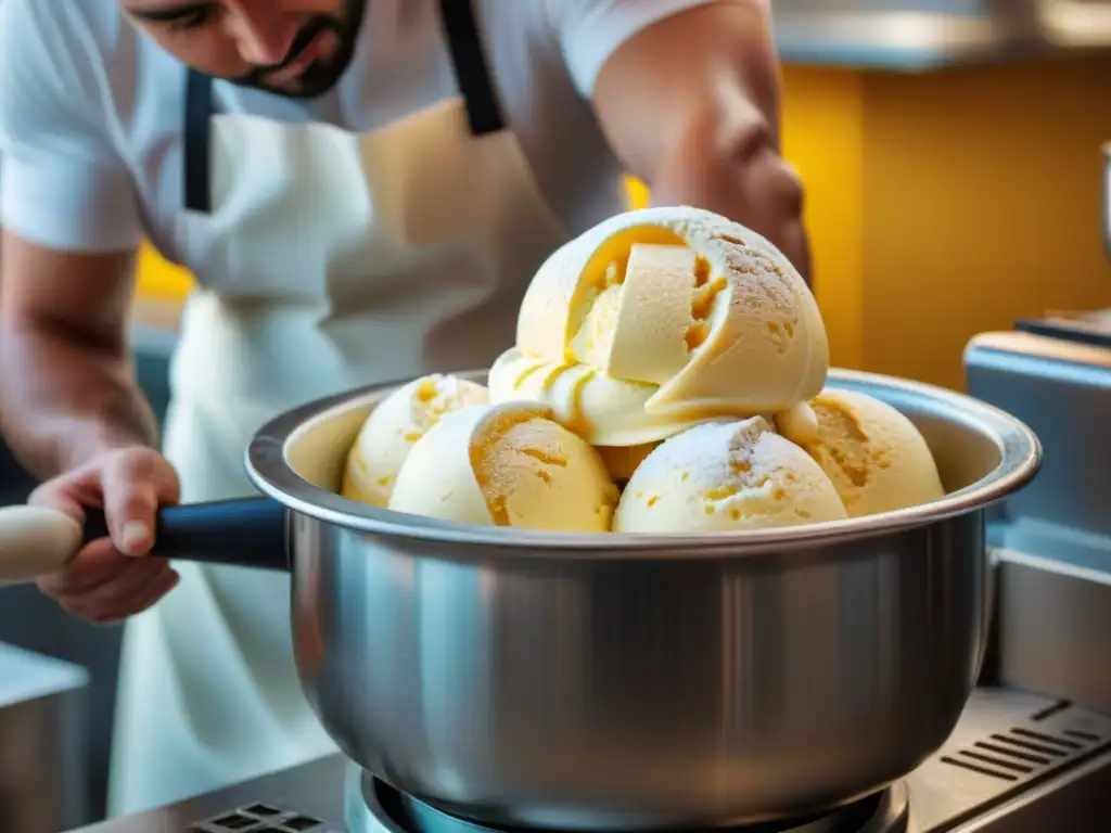 El maestro heladero experto en recetas tradicionales de gelato italiano churnea a mano un lote cremoso en una concurrida gelatería