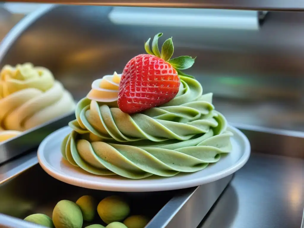 Un maestro heladero experto en técnicas tradicionales de cocina italiana crea una deliciosa exhibición de gelato de pistacho y fresa en una gelatería