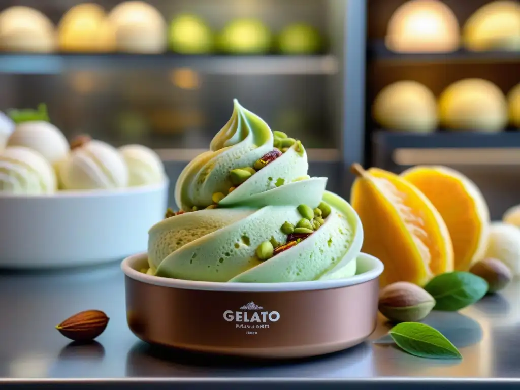 Un maestro heladero crea un exquisito gelato de pistacho, destacando técnicas tradicionales cocina italiana