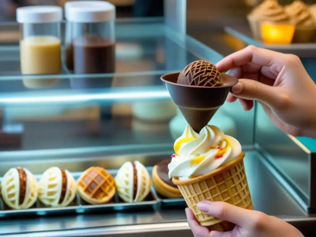 Un maestro heladero sirviendo un exquisito gelato en un cucurucho artesanal en una concurrida gelatería