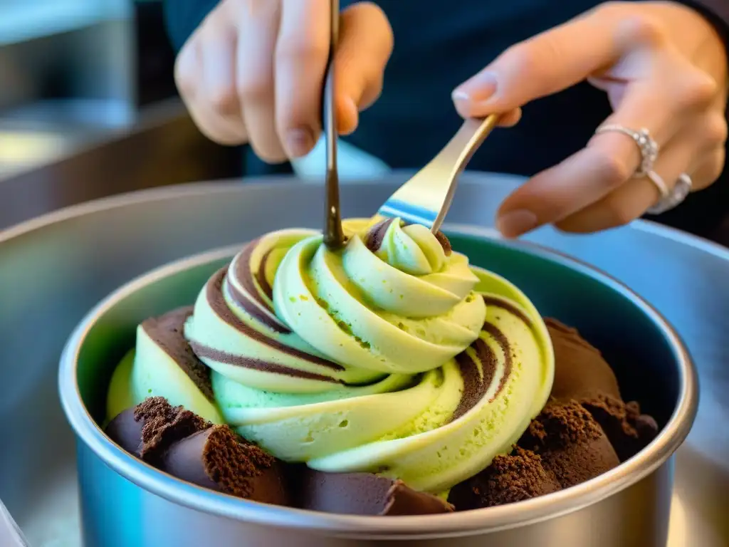 Maestro heladero creando un exquisito helado artesanal italiano con pistacho y chocolate