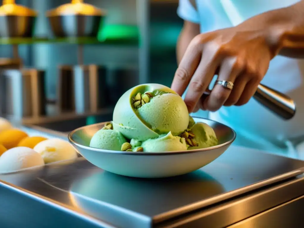 Un maestro heladero crea un exquisito helado de pistacho en una degustación privada gelato italiano