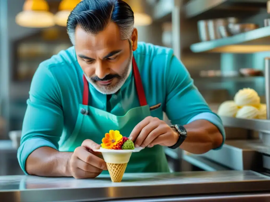 Un maestro heladero crea una flor de gelato con detalles vibrantes y precisión, rodeado de ingredientes frescos y exóticos