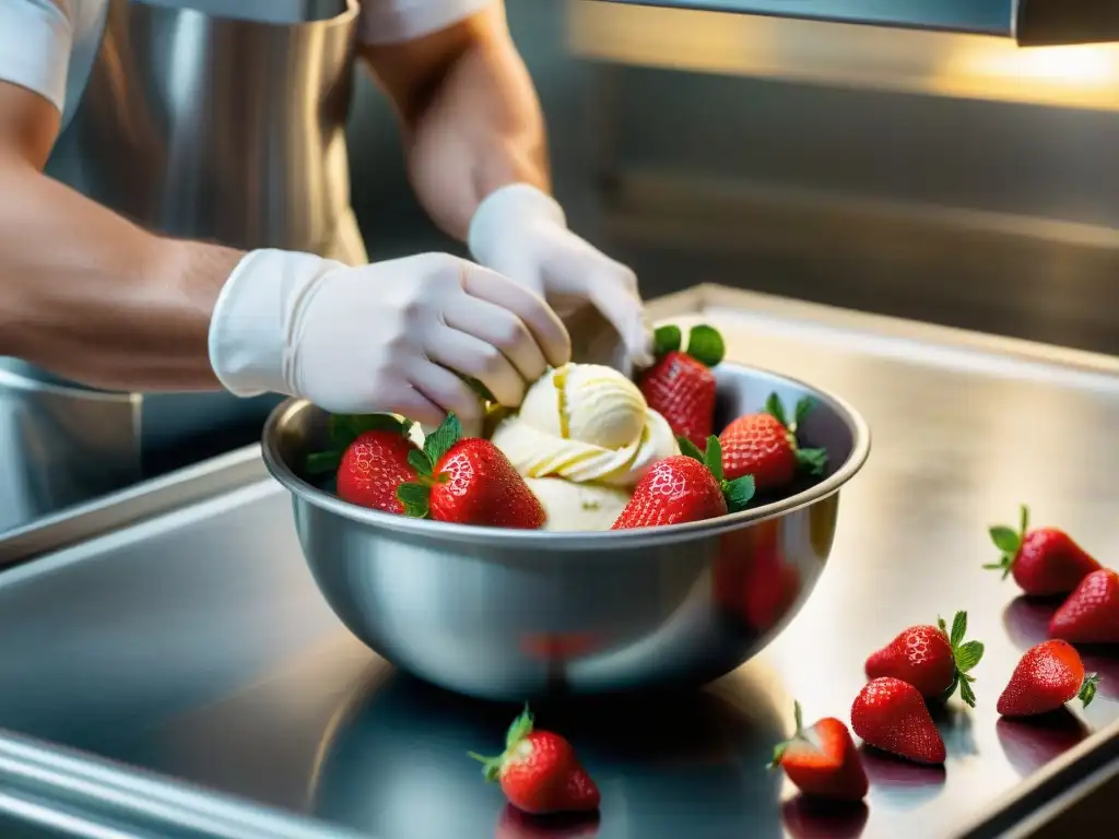 Un maestro heladero mezcla fresas frescas en una base cremosa para gelato, mostrando la dedicación en la preparación