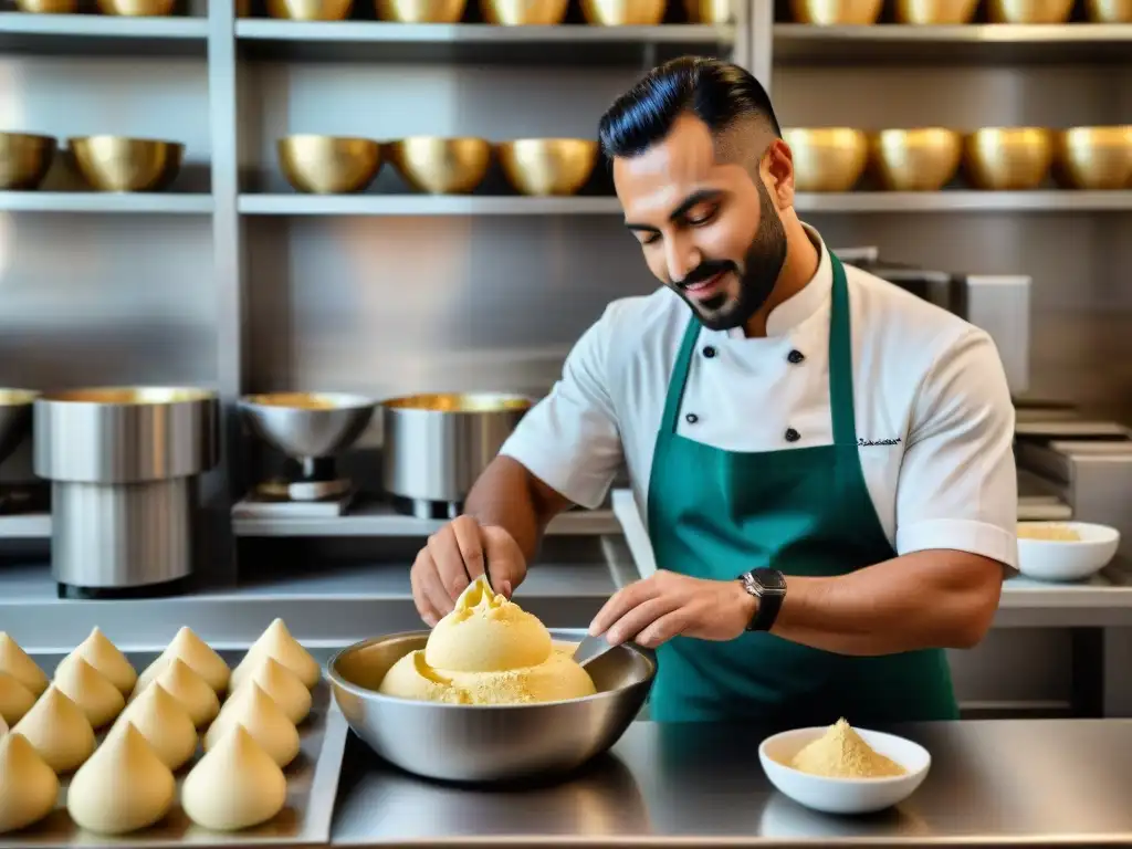 Un maestro heladero en una gelatería italiana, fusionando técnicas árabes en el gelato tradicional