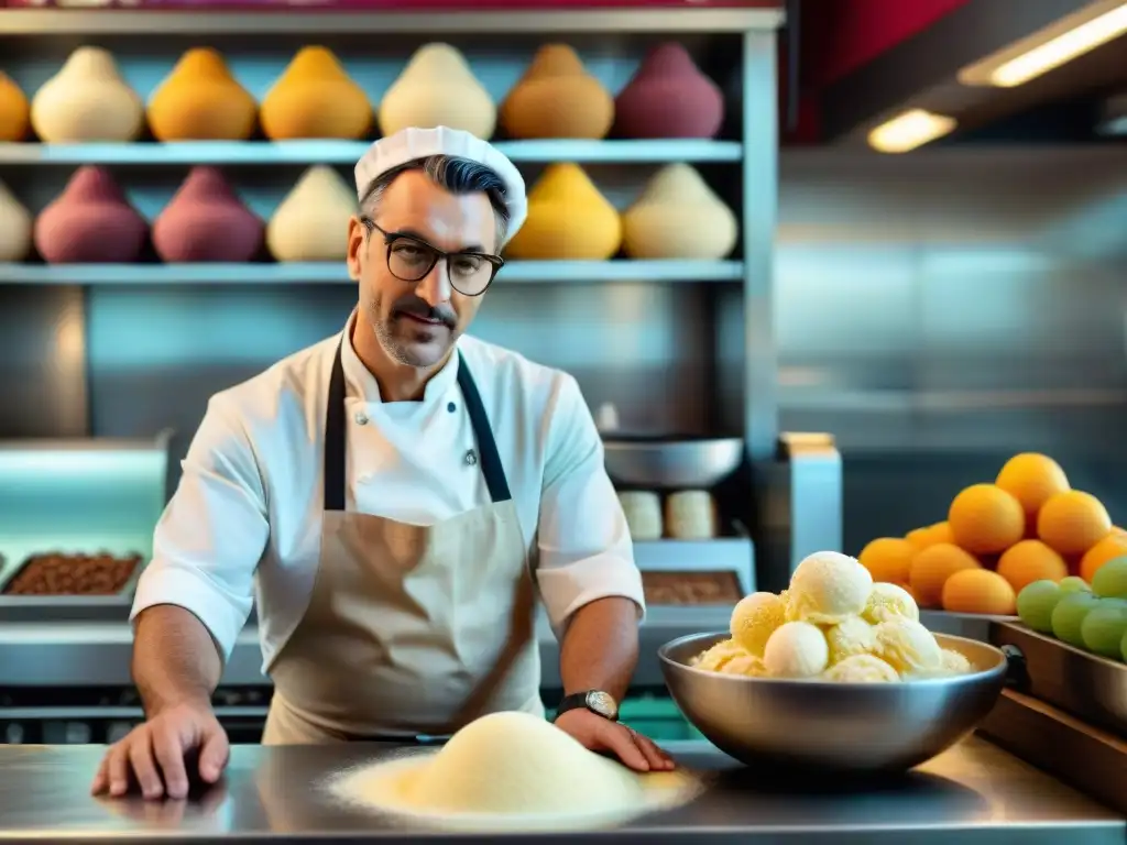 Un maestro heladero en Italia elaborando gelato artesanal rodeado de ingredientes frescos