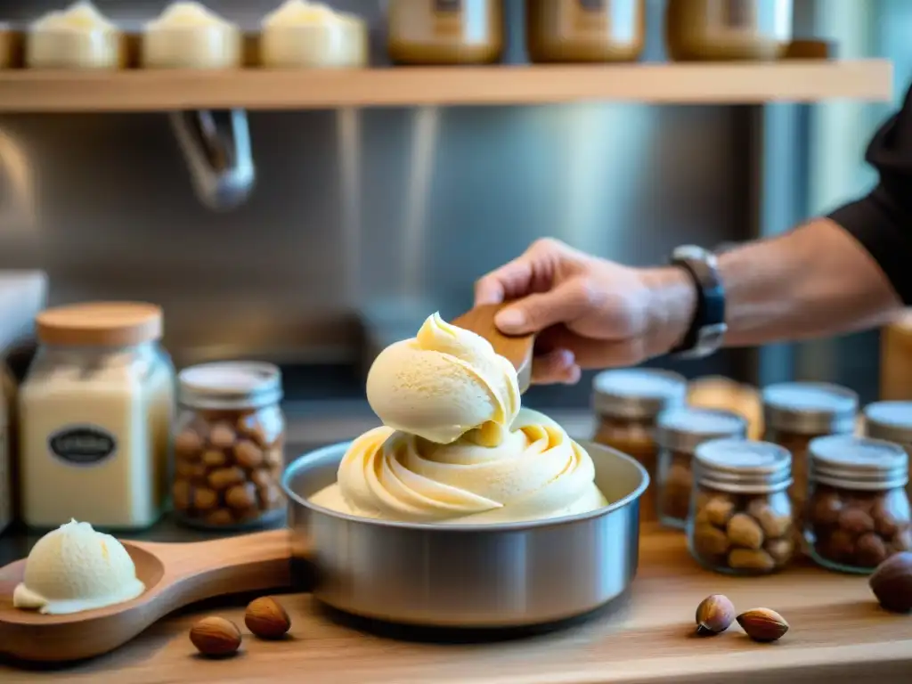 Maestro heladero elaborando gelato de avellana en un ambiente artesanal con ingredientes frescos