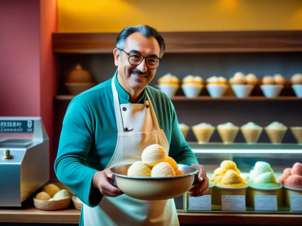 Un maestro heladero elaborando gelato casero tradicional en una tienda de Florencia