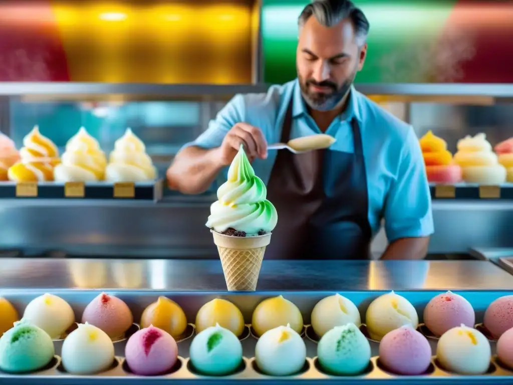 Un maestro heladero en Italia sirviendo gelato en cono, rodeado de coloridos sabores en vitrinas antiguas