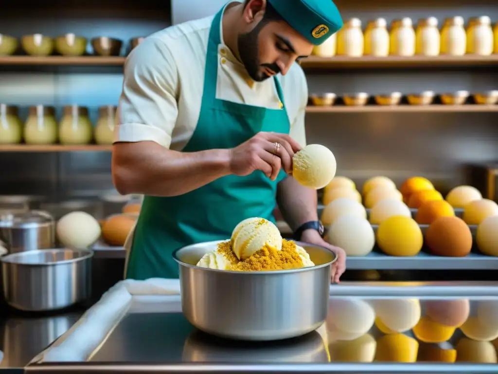 Un maestro heladero mezcla gelato italiano con técnicas árabes de saffron, pistacho y agua de rosas en una tradicional heladería italiana