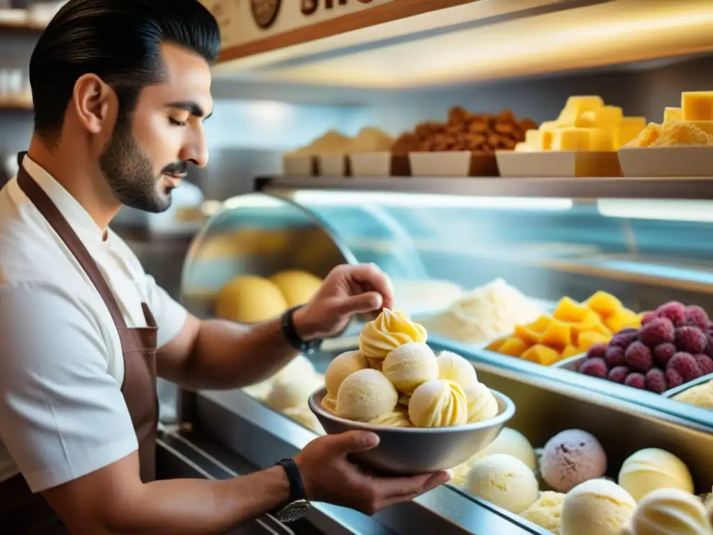 El maestro heladero prepara gelato sin azúcar saludable en una tienda tradicional italiana