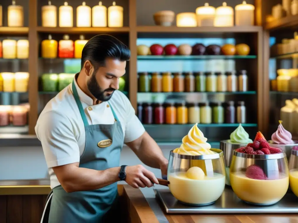 Un maestro heladero mezcla gelato en una tradicional gelatería italiana, con ingredientes frescos y luz cálida