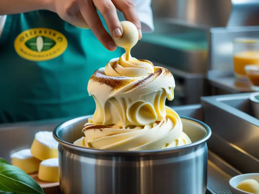 Un maestro heladero elabora gelato vegano en una tradicional gelateria italiana