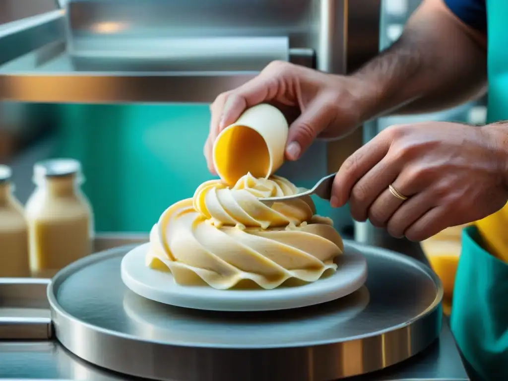 Maestro gelatero creando gelato artesanal en Italia Un maestro heladero en Italia crea gelato artesanalmente