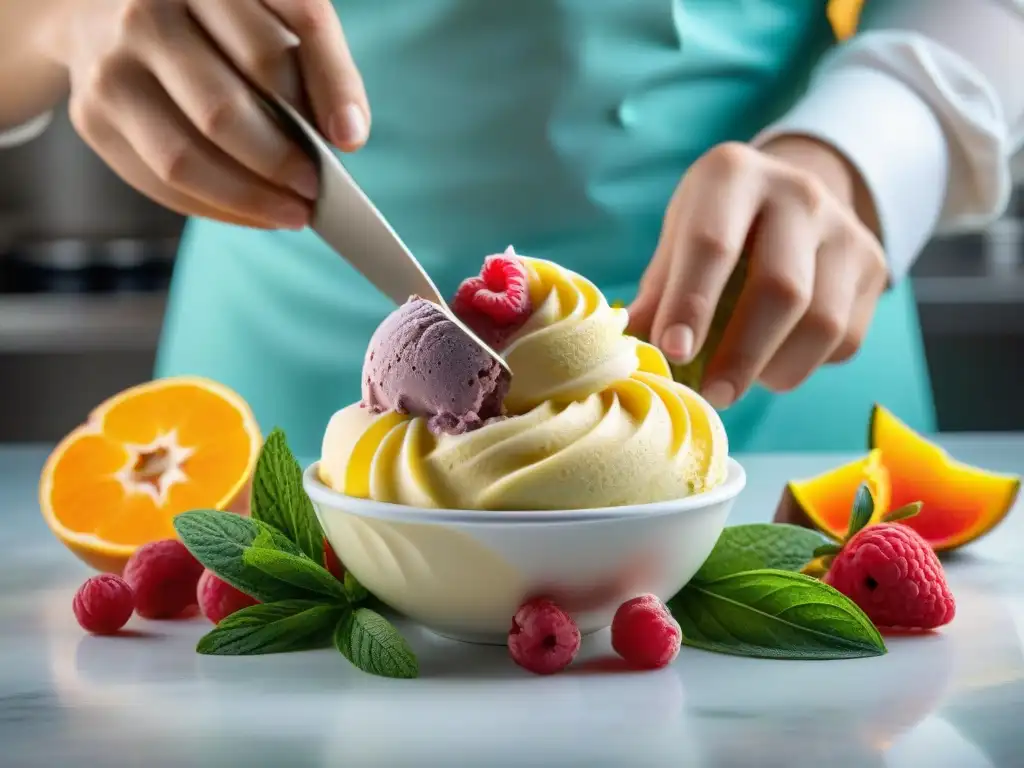 Un maestro heladero en Italia crea gelatos veganos sabores innovadores con frutas exóticas en una heladería moderna