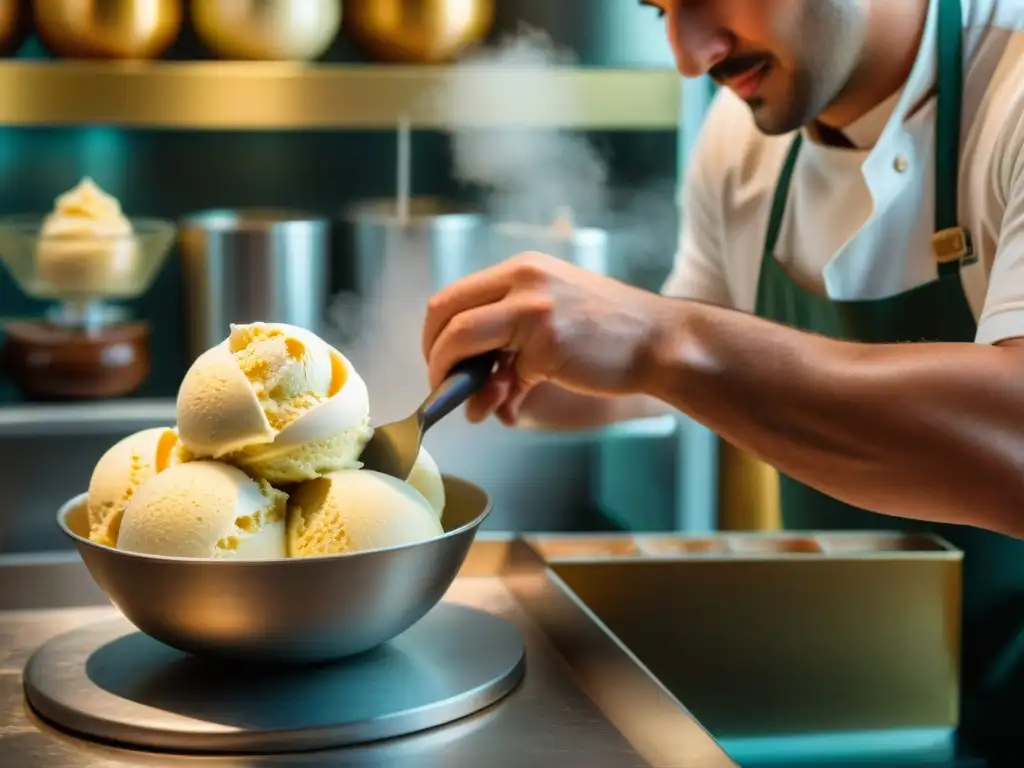 Un maestro heladero en una heladería toscana artesanal, creando un delicioso gelato