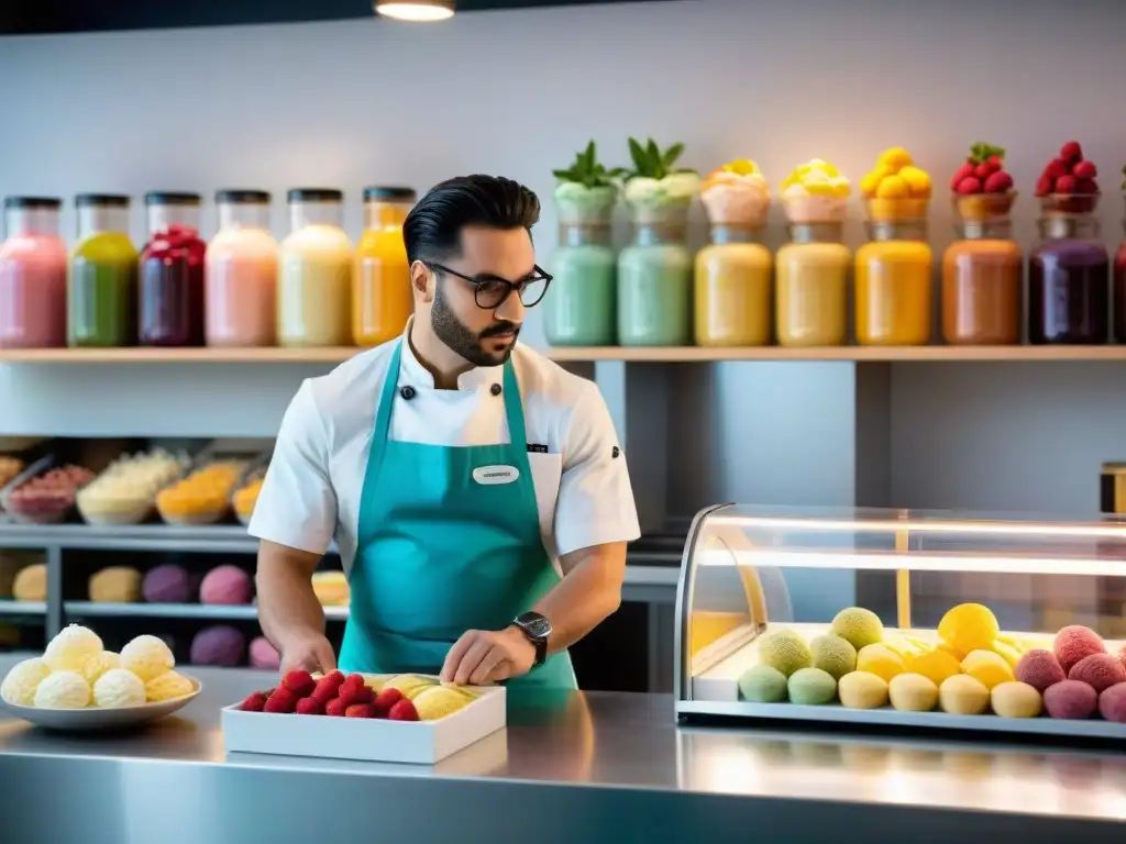 Un maestro heladero crea innovaciones en el Gelato Italiano en un laboratorio moderno, rodeado de ingredientes frescos y coloridos