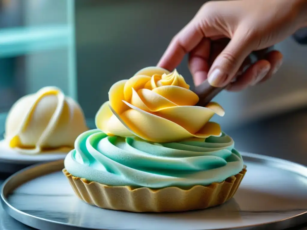 Un maestro heladero crea una intrincada flor de gelato en mármol, destacando las nuevas tendencias en sabores