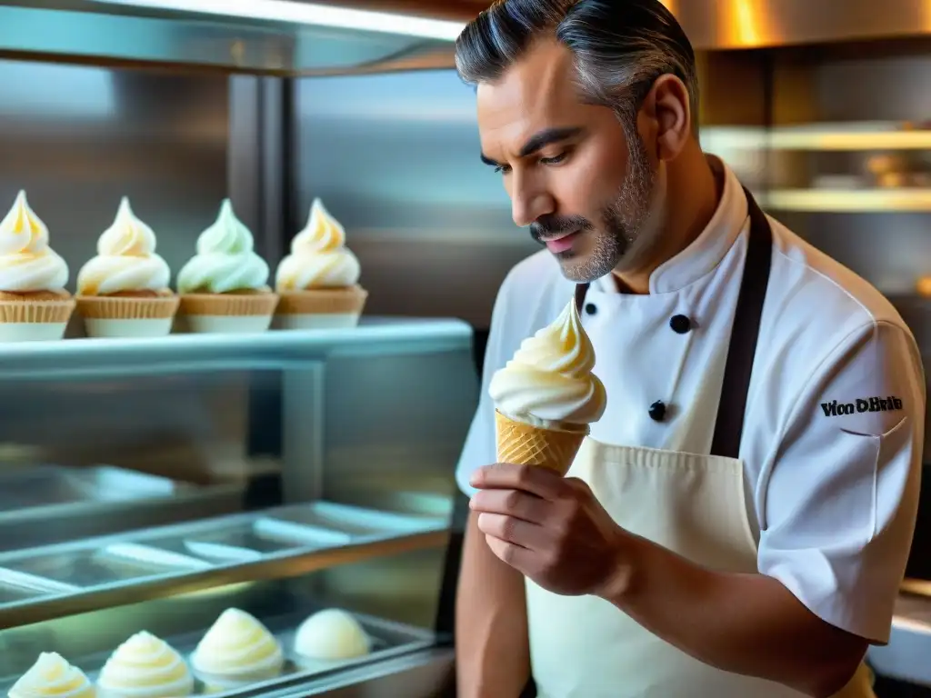 Un maestro heladero italiano elaborando auténtico Gelato italiano en una tradicional gelatería, rodeado de sabores vibrantes y frescos