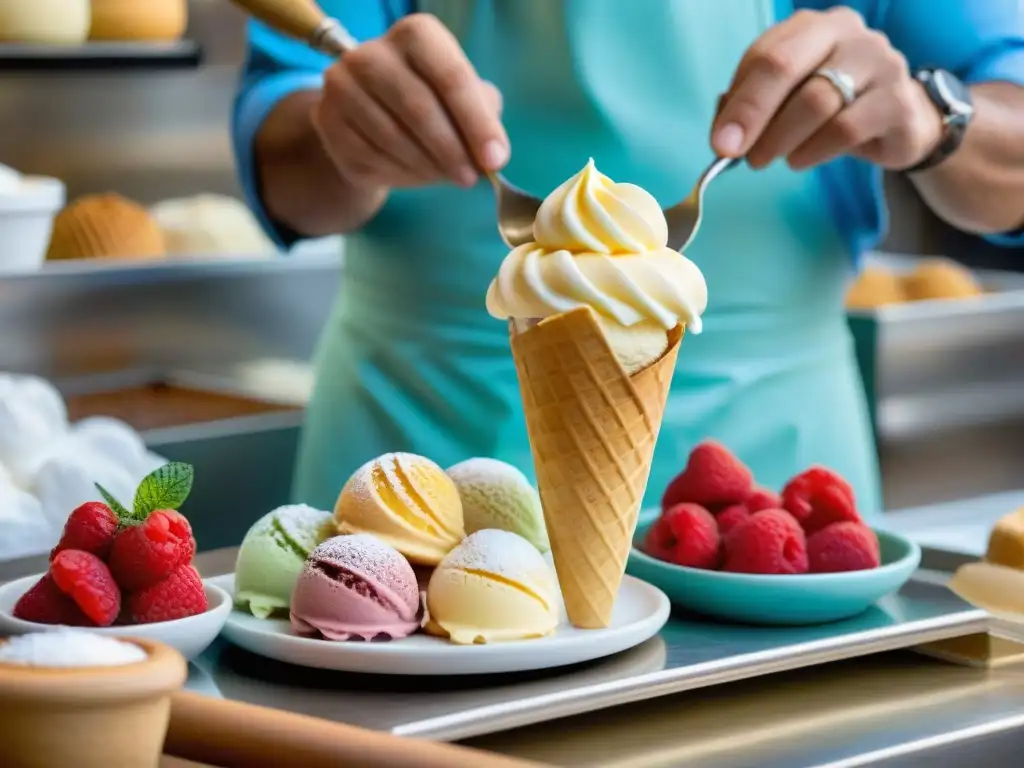 Un maestro heladero italiano elabora un cono de gelato cremoso en una concurrida gelatería llena de sabores coloridos